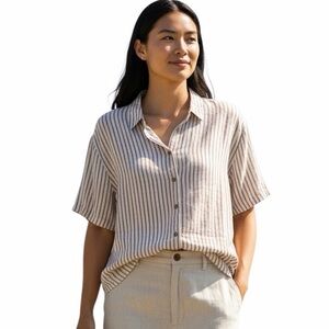 100% Linen Camp Shirt Boxy Oversized Button Up White Brown Striped Preppy Beachy